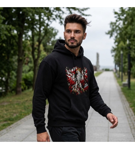 Bluza z Kapturem Czarna Patriotyczna BHO Orzeł Bóg Honor Ojczyzna