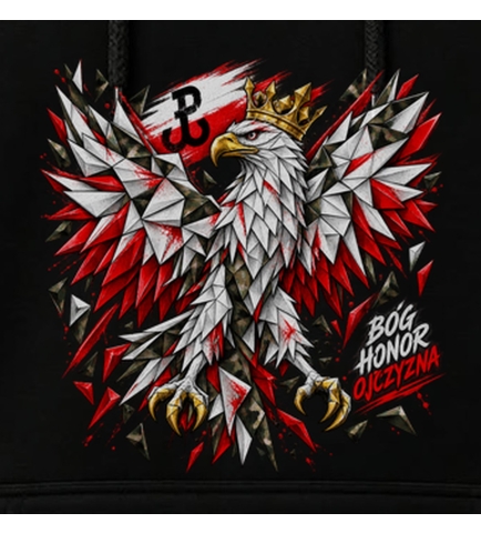 Bluza z Kapturem Czarna Patriotyczna BHO Orzeł Bóg Honor Ojczyzna