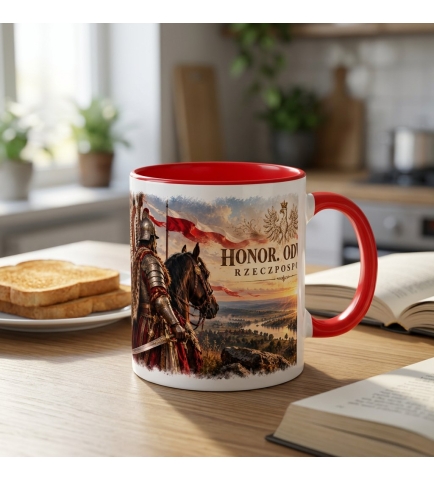 Kubek Patriotyczny Honor Odwaga Husaria,czerwone wnętrze i ucho