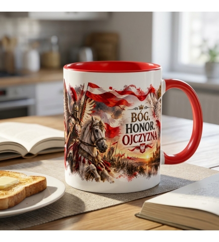 Kubek Patriotyczny Husaria Bóg Honor Ojczyzna 330ml Czerwone Wnętrze