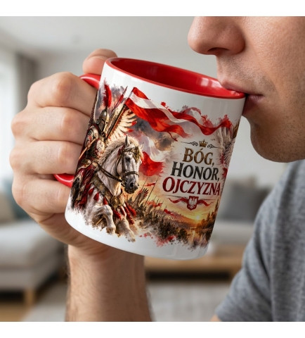 Kubek Patriotyczny Husaria Bóg Honor Ojczyzna 330ml Czerwone Wnętrze
