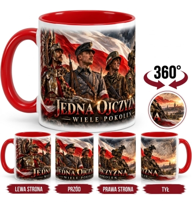 Kubek Patriotyczny Jedna Ojczyzna Wiele Pokoleń, czerwone wnętrze i ucho