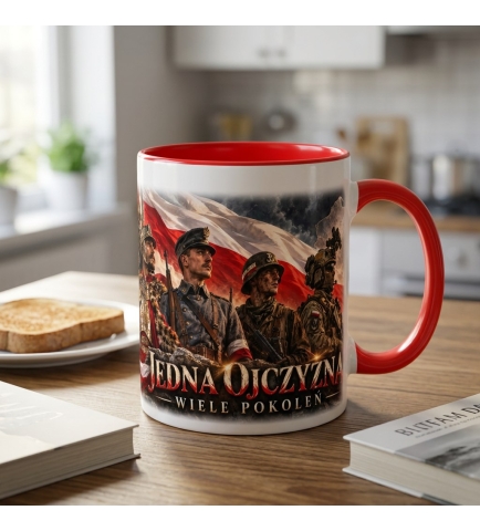 Kubek Patriotyczny Jedna Ojczyzna Wiele Pokoleń, czerwone wnętrze i ucho