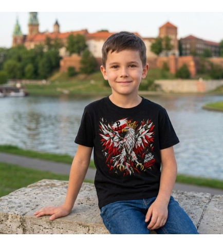 Koszulka dziecięca czarna Orzeł Biały Bóg Honor Ojczyzna