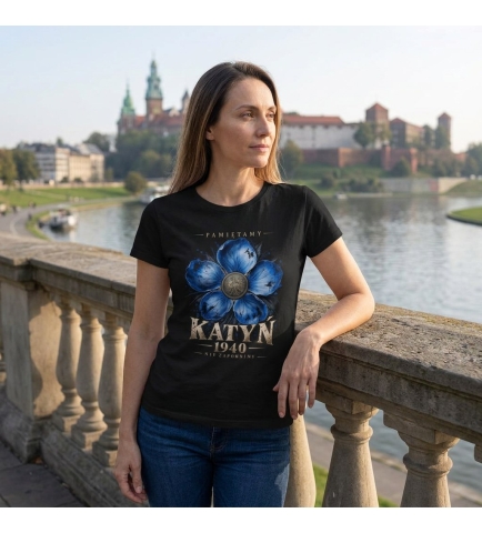 Koszulka Damska Patriotyczna Katyń 1940 Niezapominajka Czarna