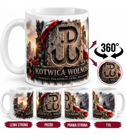 Kubek Patriotyczny Kotwica Wolości,Żołnierze AK, biały 330 ml