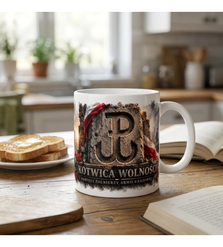 Kubek Patriotyczny Kotwica Wolości,Żołnierze AK, biały 330 ml