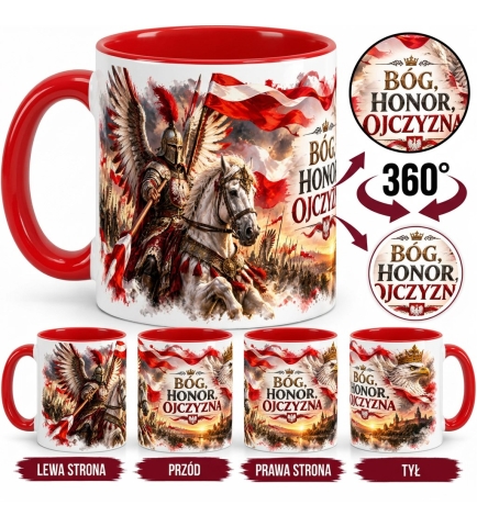 Kubek Patriotyczny Bóg Honor Ojczyzna Husaria Orzeł Czerwony 330 ml