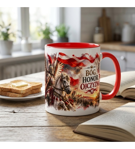 Kubek Patriotyczny Bóg Honor Ojczyzna Husaria Orzeł Czerwony 330 ml