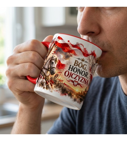 Kubek Patriotyczny Bóg Honor Ojczyzna Husaria Orzeł Czerwony 330 ml