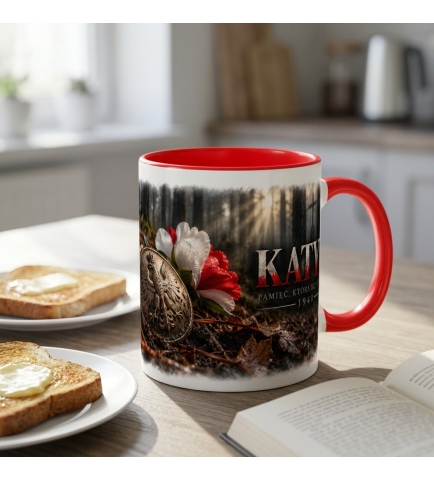 Kubek Patriotyczny Katyń Guzik, 1940 Pamięć Która Nie Umiera, czerwony