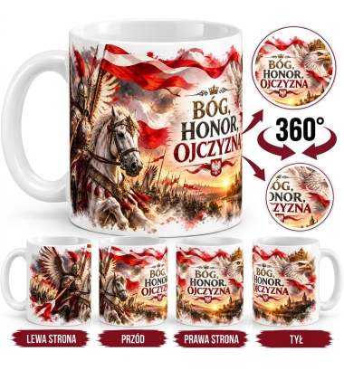 Kubek Ceramiczny Patriotyczny Bóg Honor Ojczyzna 330 ml Biały