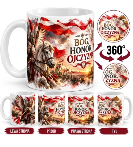 Kubek Ceramiczny Patriotyczny Bóg Honor Ojczyzna 330 ml Biały