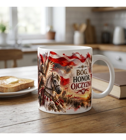 Kubek Ceramiczny Patriotyczny Bóg Honor Ojczyzna 330 ml Biały