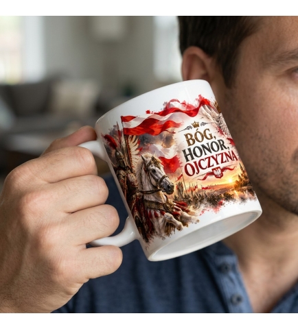 Kubek Ceramiczny Patriotyczny Bóg Honor Ojczyzna 330 ml Biały