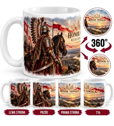 Kubek Patriotyczny Honor Odwaga Husaria,Rzeczpospolita 330 ml biały