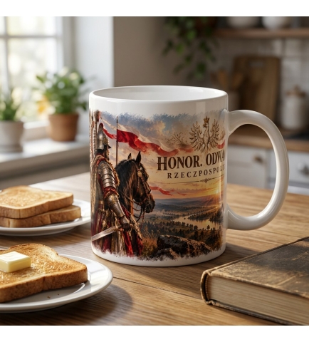 Kubek Patriotyczny Honor Odwaga Husaria,Rzeczpospolita 330 ml biały