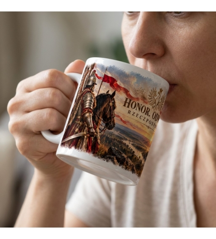 Kubek Patriotyczny Honor Odwaga Husaria,Rzeczpospolita 330 ml biały