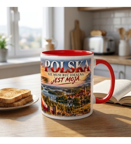 Kubek Patriotyczny Polska Jest Moja, Nie Musi Być Idealna, czerwony