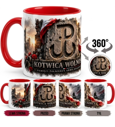 Kubek Patriotyczny Kotwica Wolości,Żołnierze AK, czerwone wnętrze i ucho