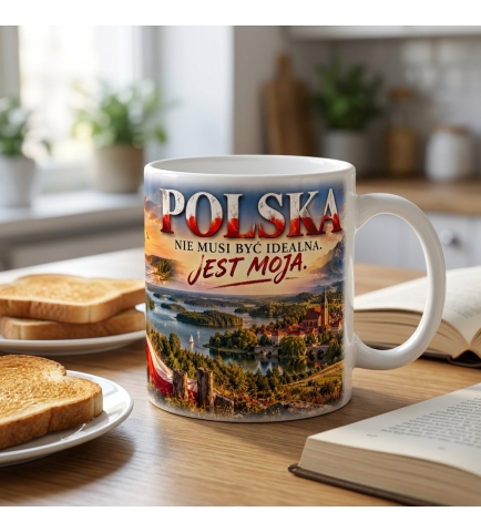 Kubek Patriotyczny Polska Jest Moja, Nie Musi Być Idealna, biały